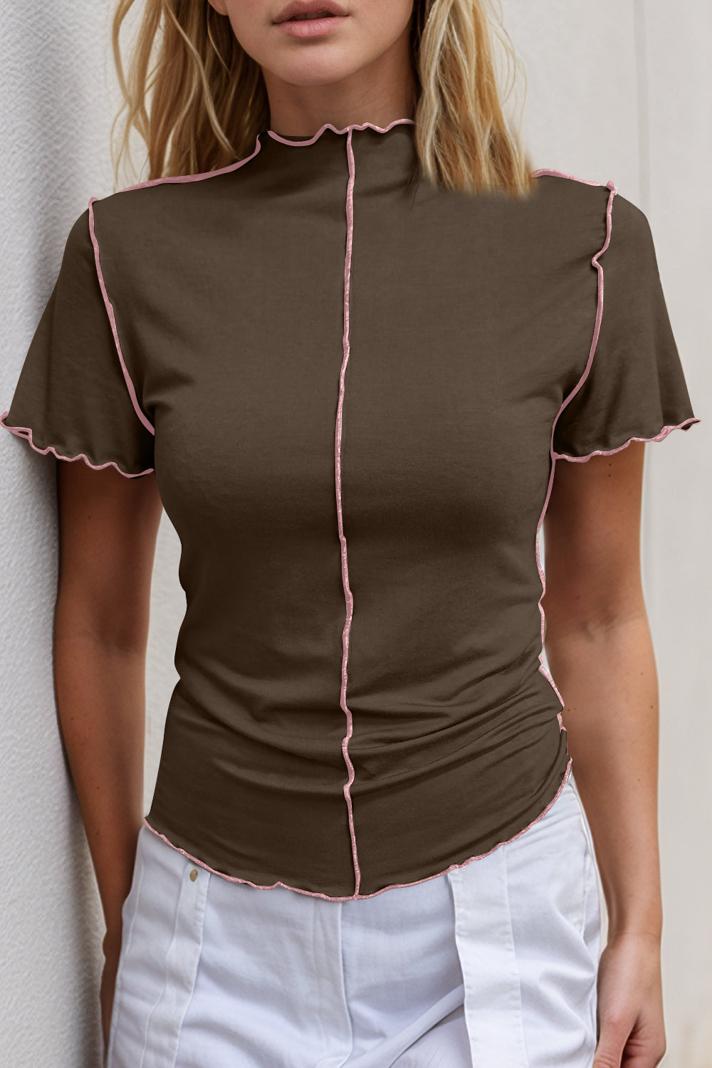 Basic Bae Contrast Trim Mock Neck Short Sleeve T-Shirt Chocolate