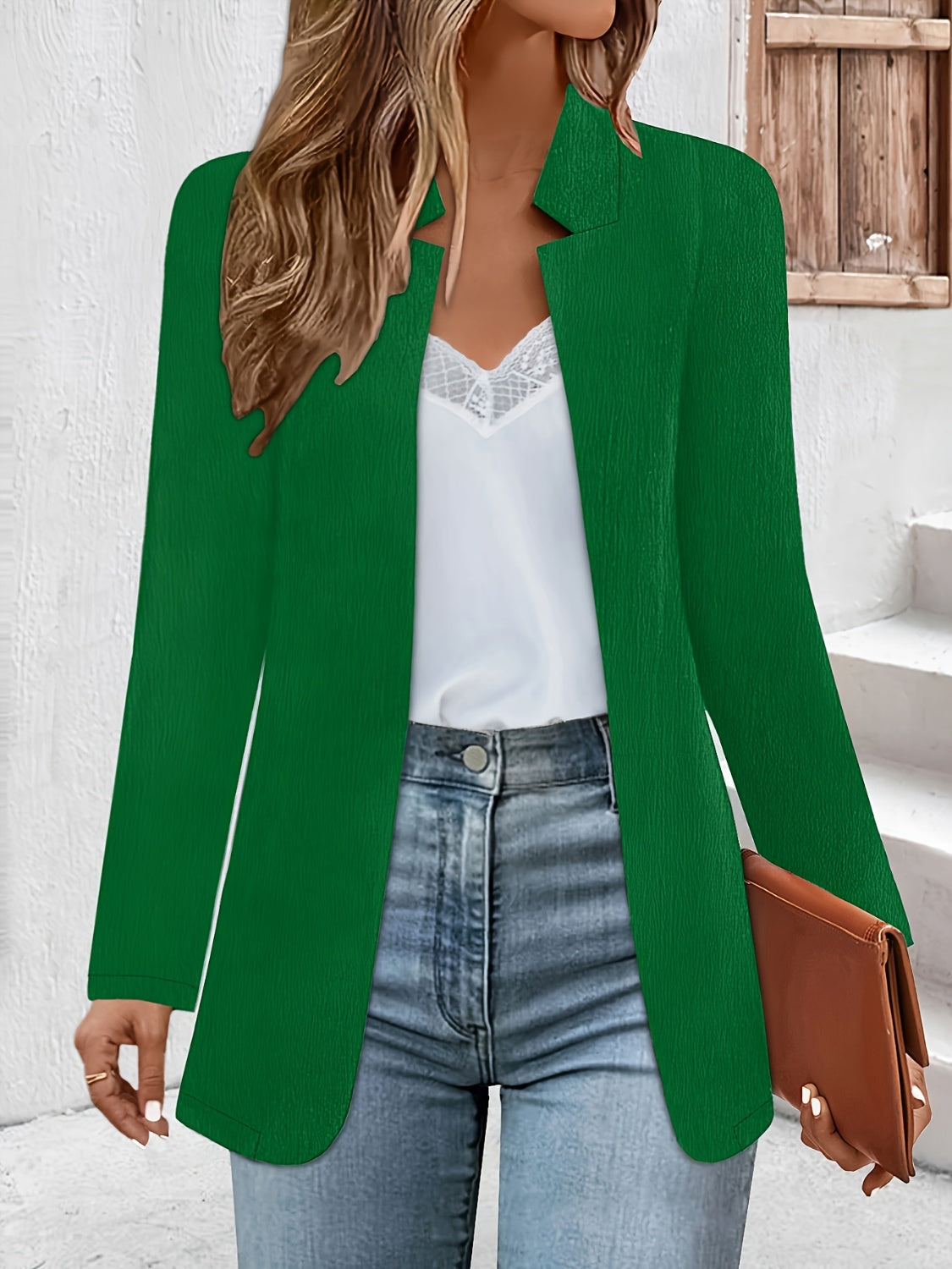 Open Front Blazer with Long Sleeves Dark Green