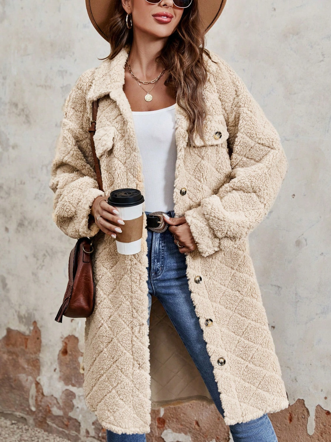 Fuzzy Button Up Dropped Shoulder Long Sleeve Coat Tan