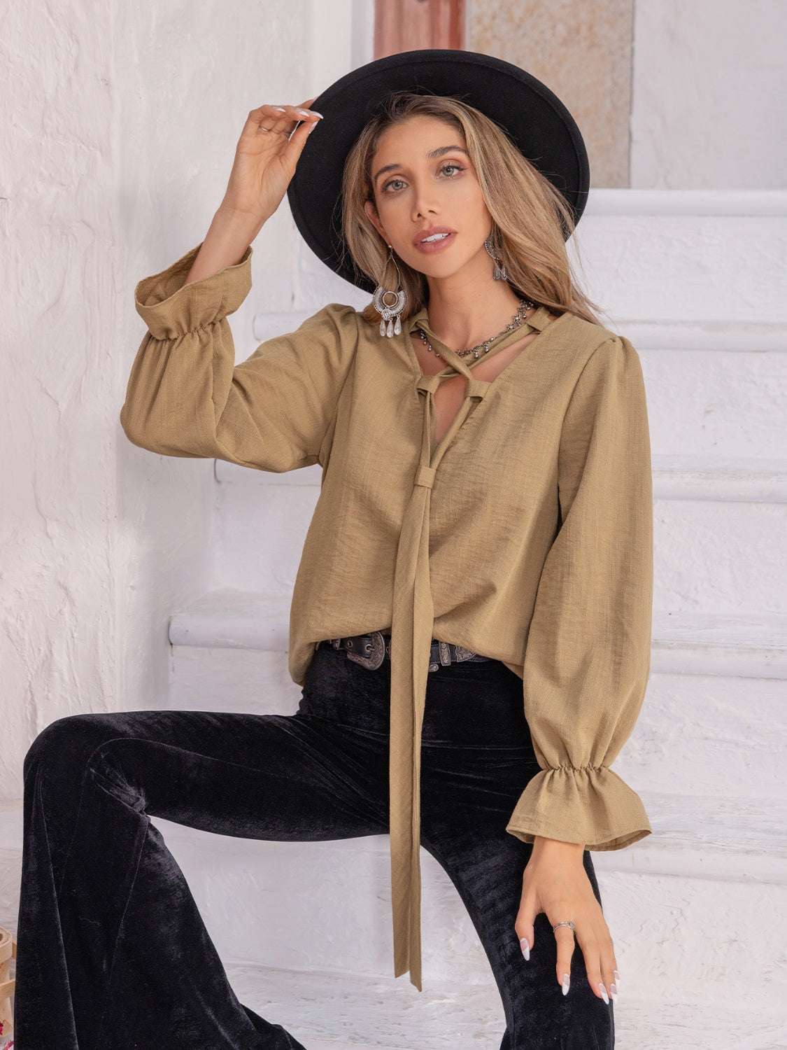 Ruched Flounce Sleeve Blouse Camel