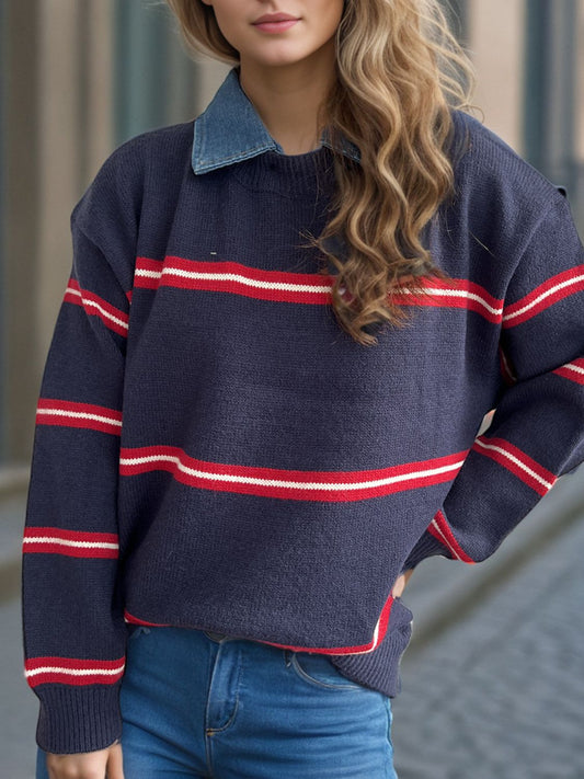 Contrast Stripes Round Neck Long Sleeve Sweater Indigo One Size