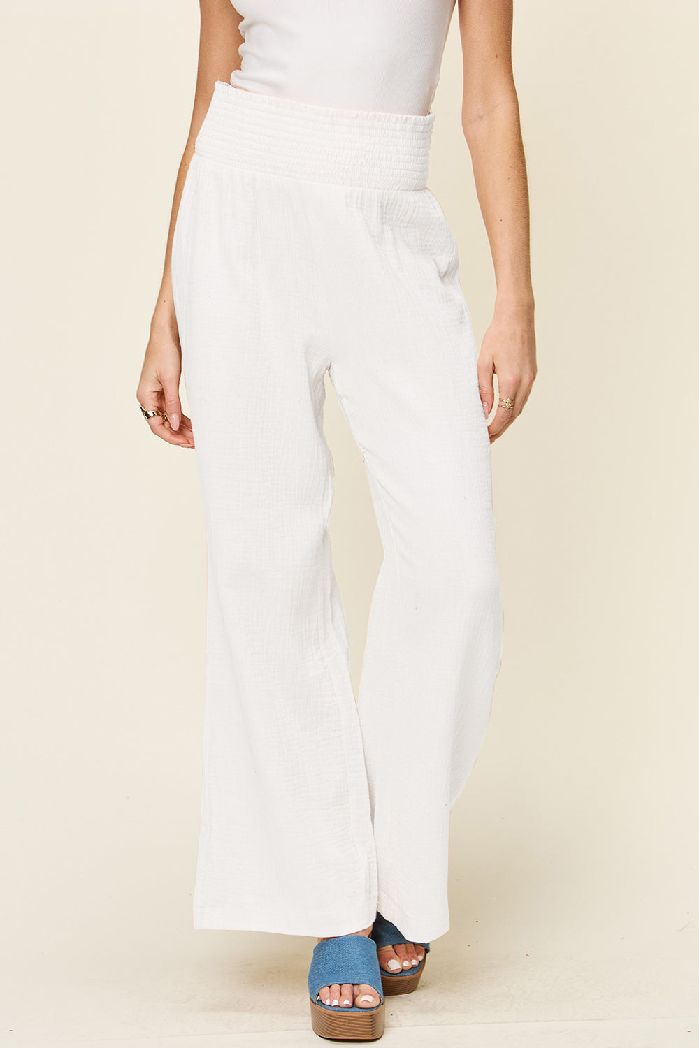 Textured Smocked Waist Wide Leg Pants