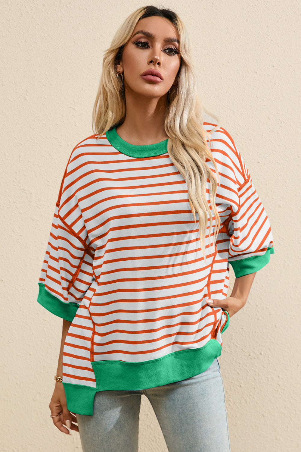 Striped Round Neck Half Sleeve T-Shirt Orange