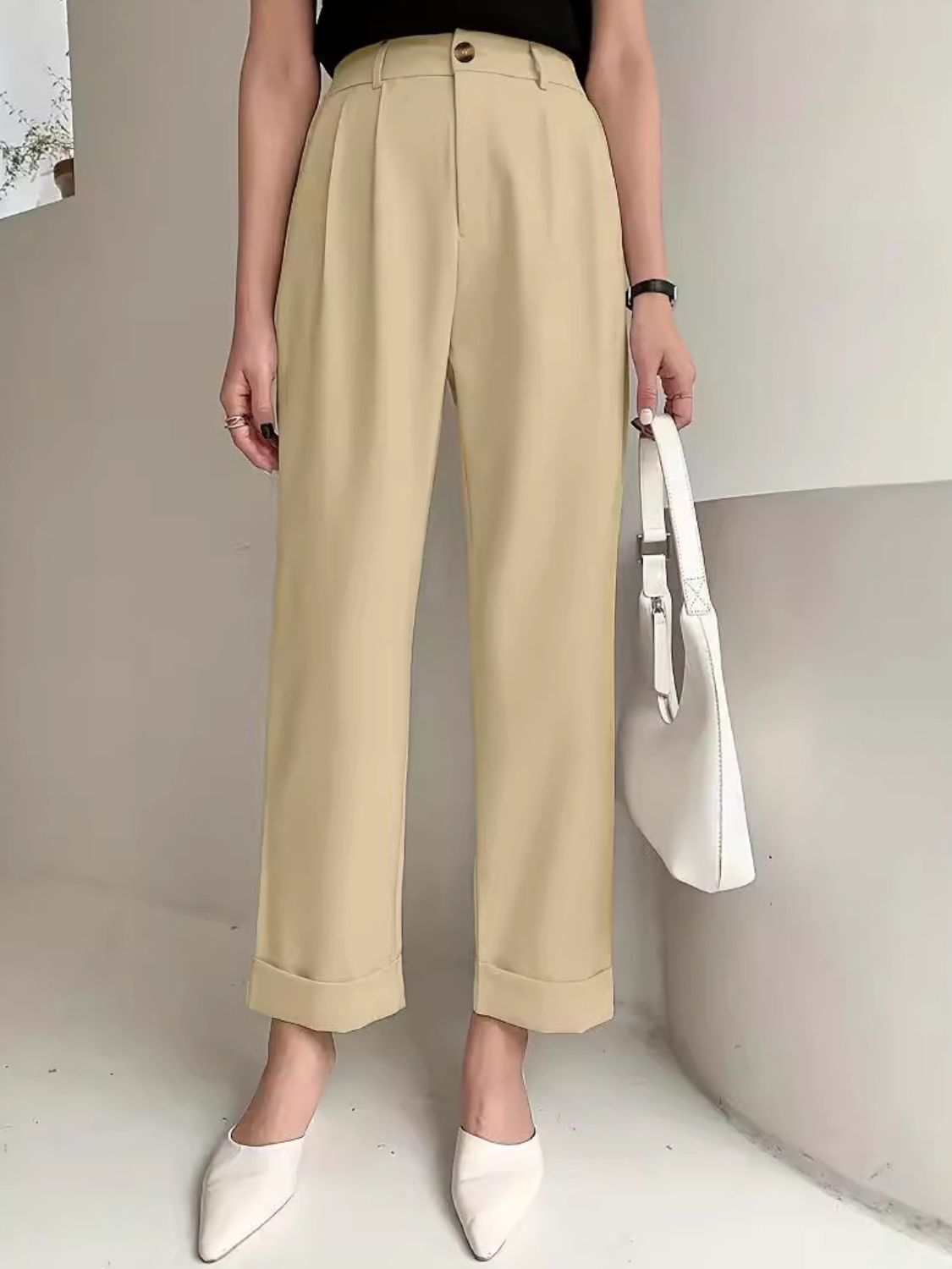 Full Size High Waist Pants Tan