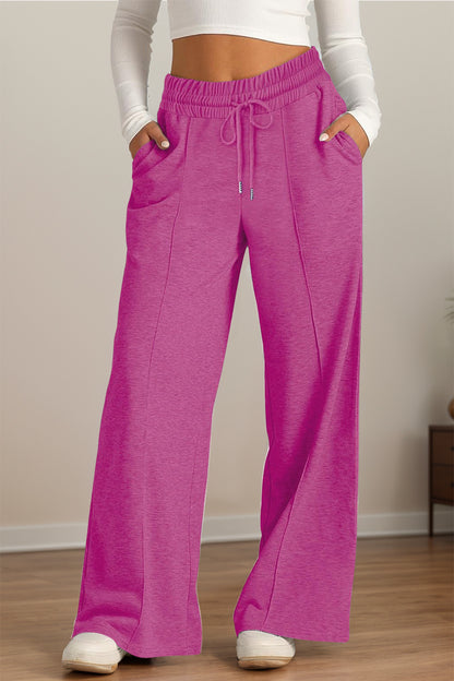 Drawstring Elastic Waist Wide Leg Pants Red-Violet