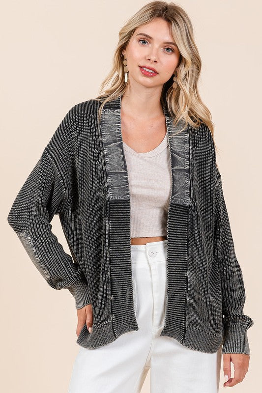 Mittoshop Contrast Patch Open Front Mineral Wash Cardigan Black