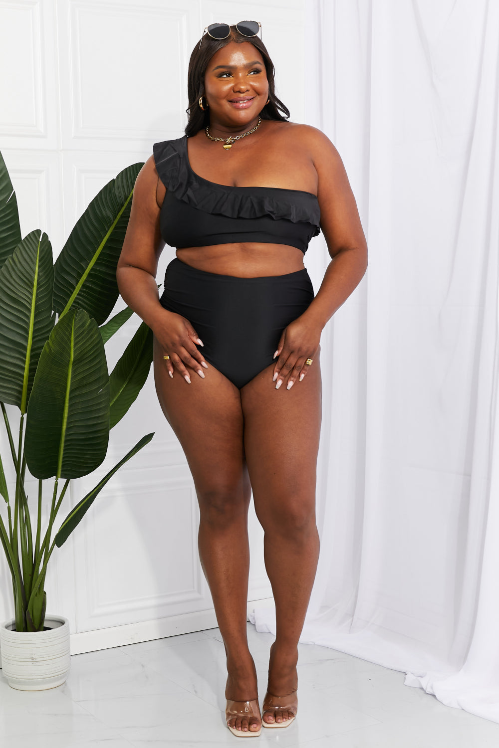 Black One-Shoulder Ruffle High-Waisted Bikini