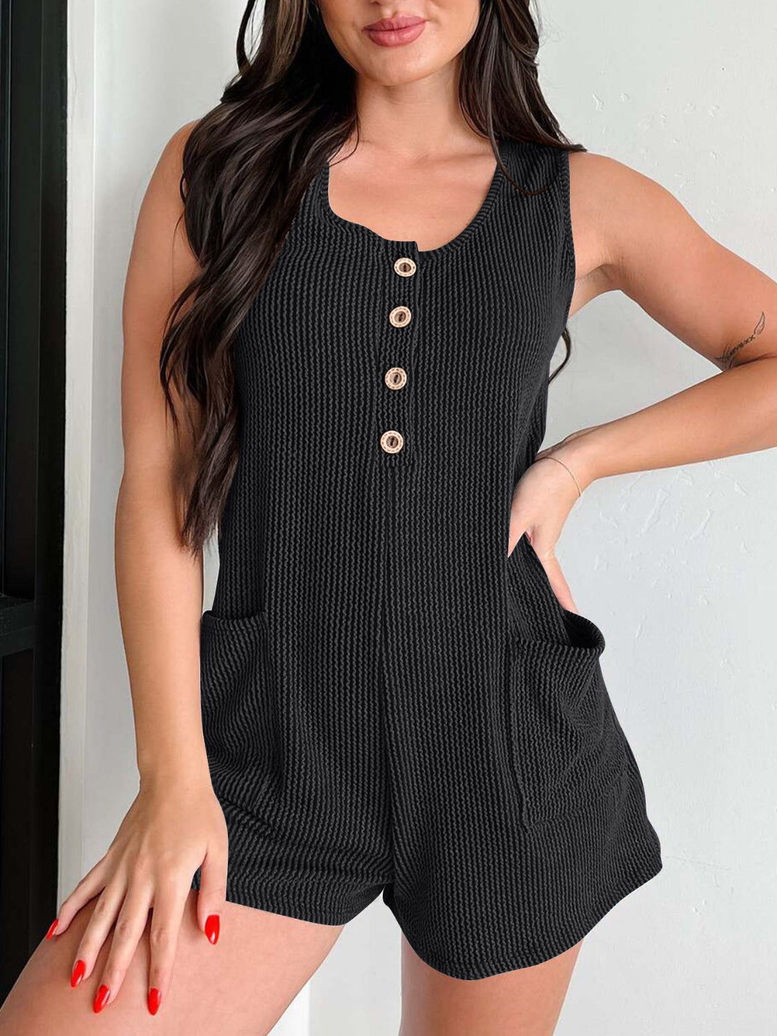 Lovelet Texture Wide Strap Romper with Pockets Black