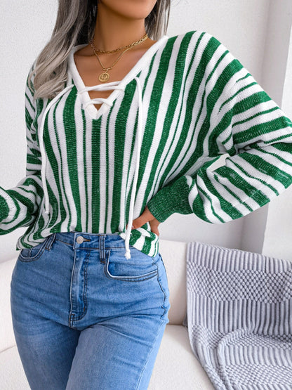 Striped Lace-Up Long Sleeve Sweater Green