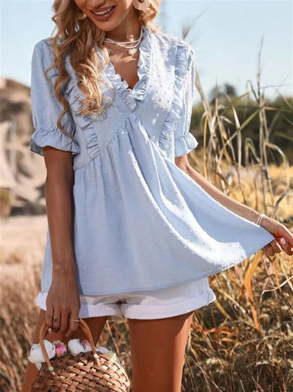 Frill V-Neck Short Sleeve Blouse Light Blue