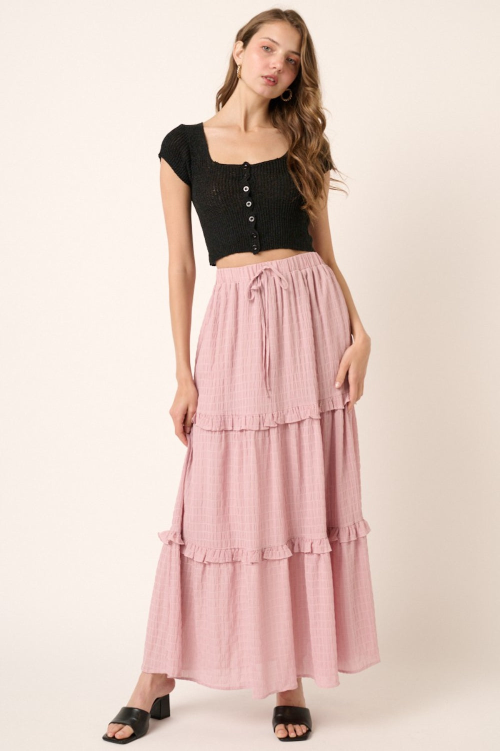 Mittoshop Drawstring High Waist Frill Skirt Dusty Pink