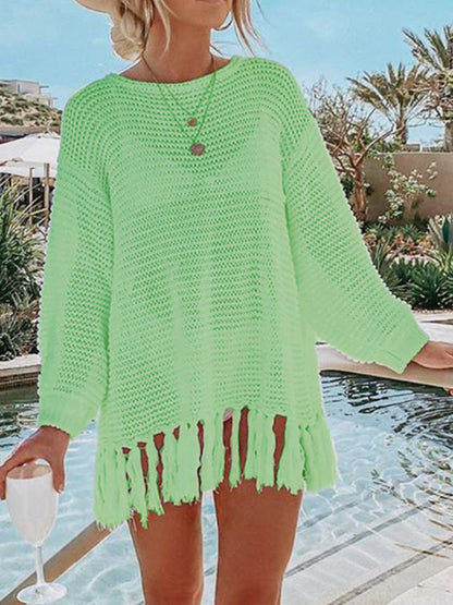 Boho Openwork Tassel Hem Knit Kimono Mint Green