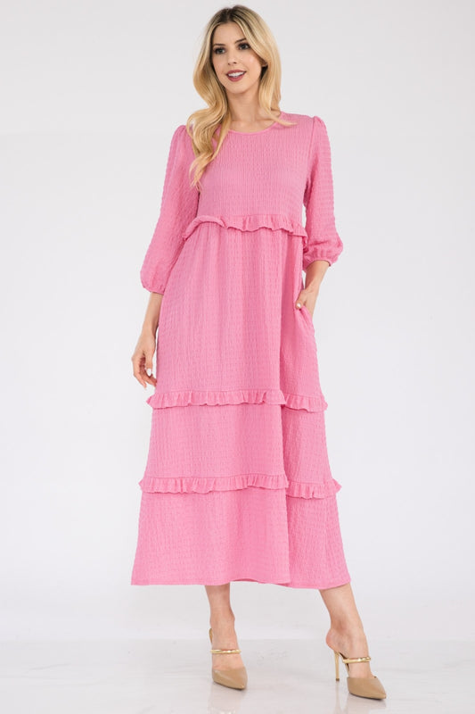 Celeste Full Size Tiered-Ruffle Midi Dress Pink
