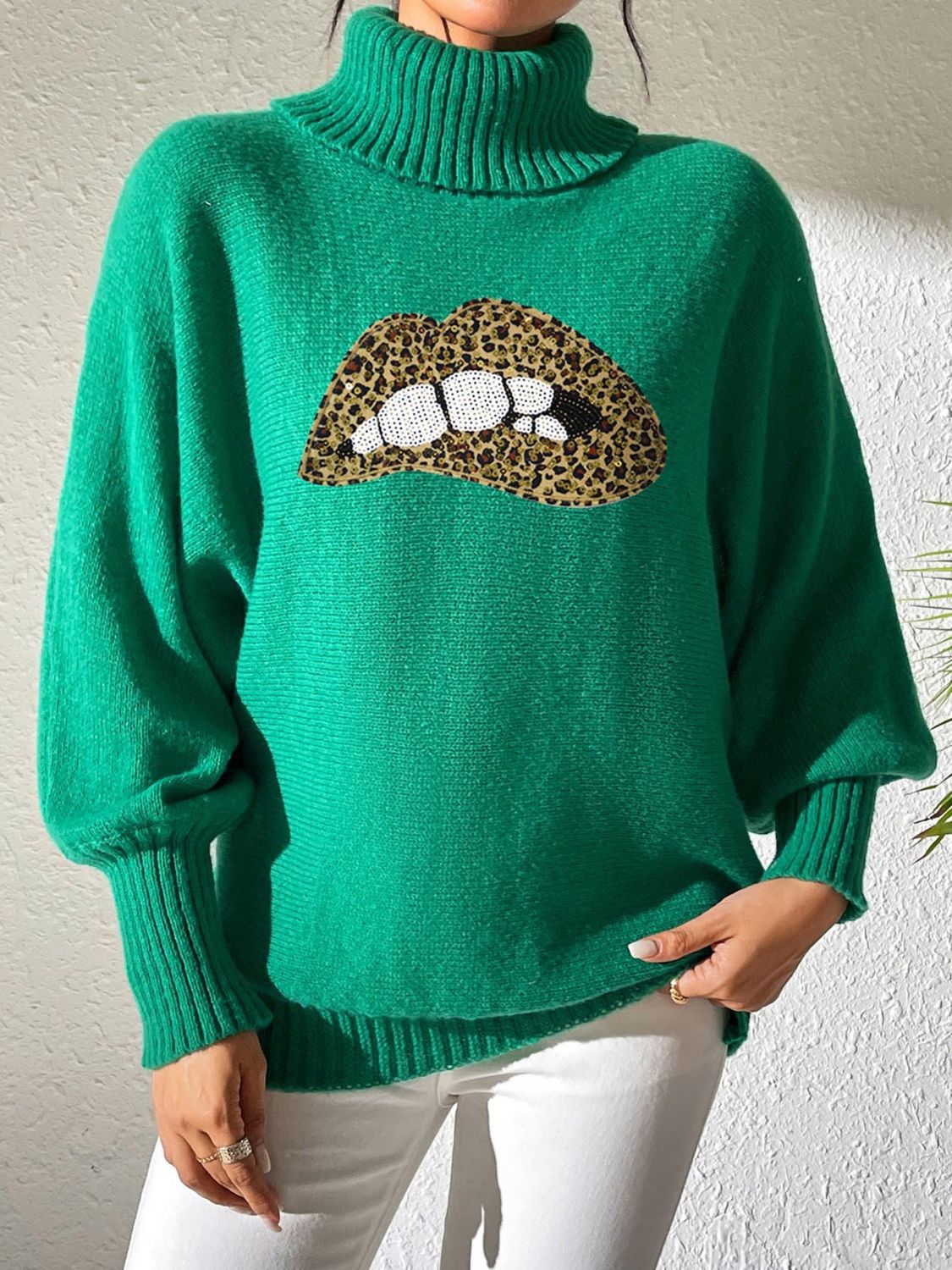 Lip Turtleneck Long Sleeve Sweater Grass Green