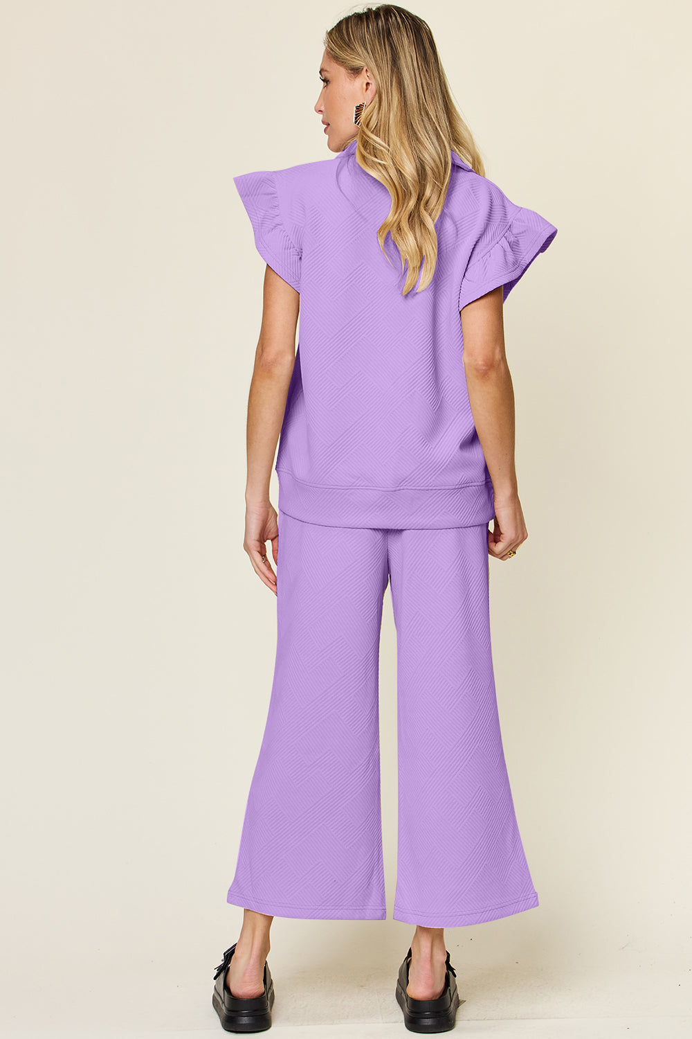 Textured Ruffle Top & Drawstring Wide Leg Pants Set