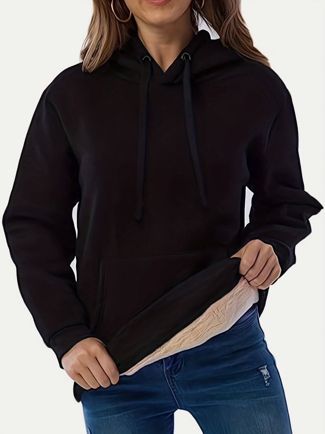 Drawstring Long Sleeve Hoodie with Kangaroo Pocket Black