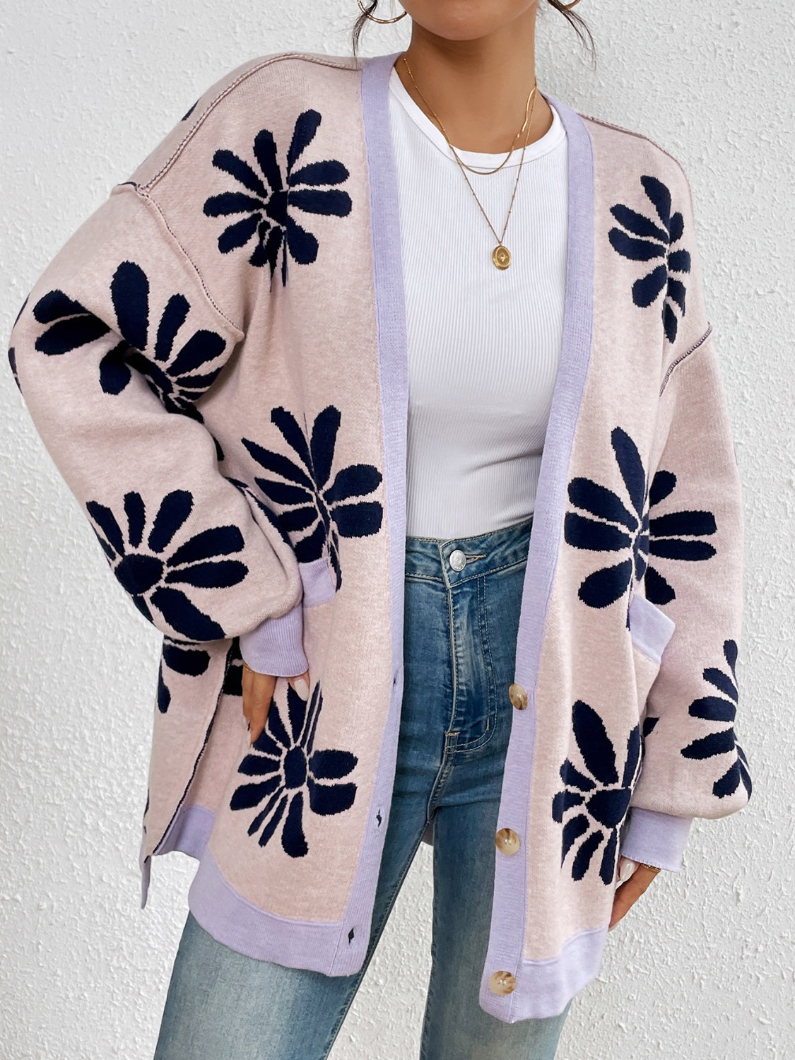 Contrast Dropped Shoulder Long Sleeve Cardigan Pale Blush