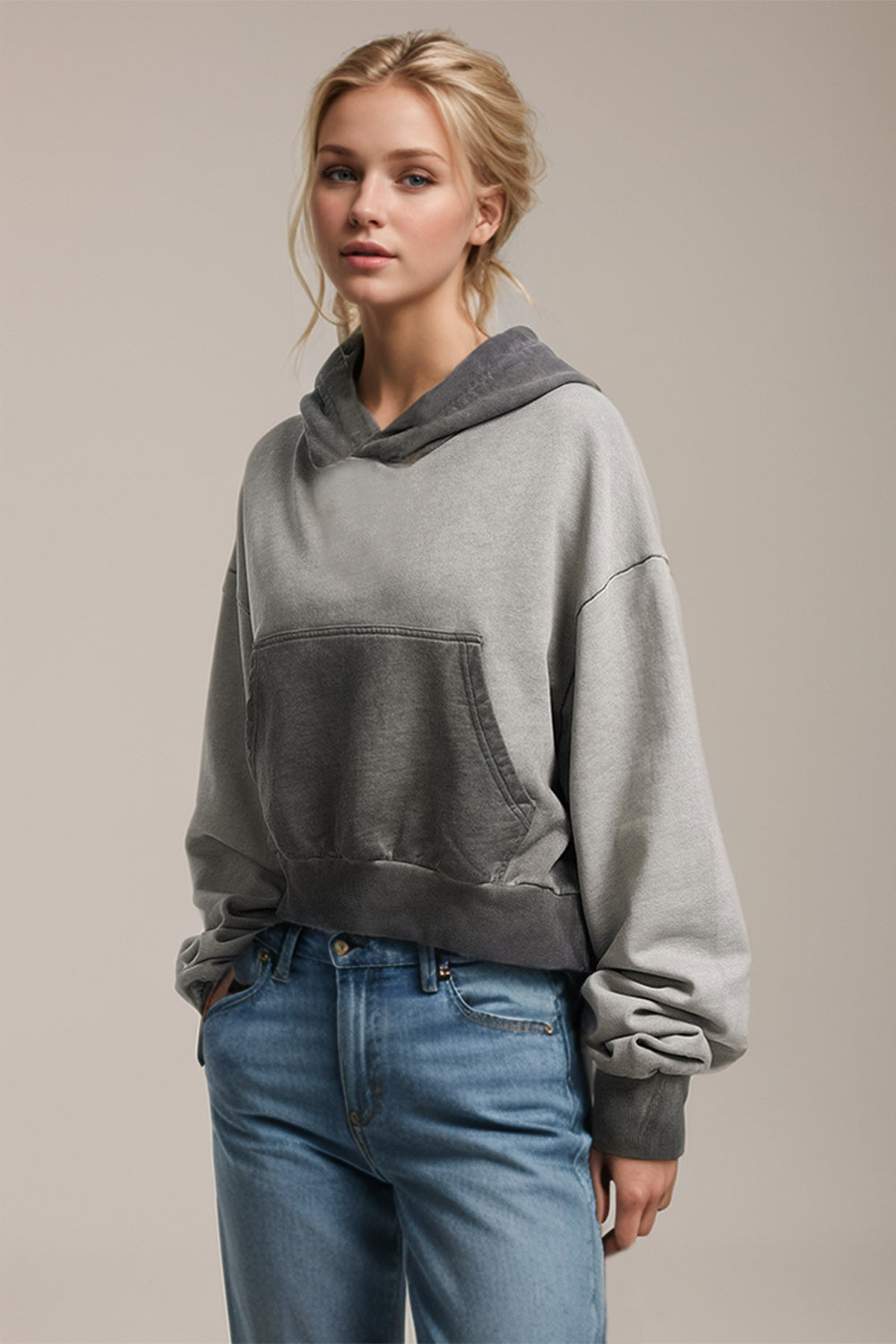 Basic Bae Kangaroo Pocket Long Sleeve Cropped Hoodie Gray