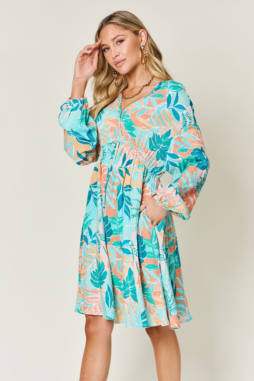 Printed Drawstring V-Neck Dress