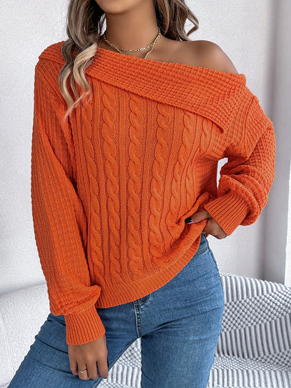 Cable-Knit One Shoulder Long Sleeve Sweater Orange