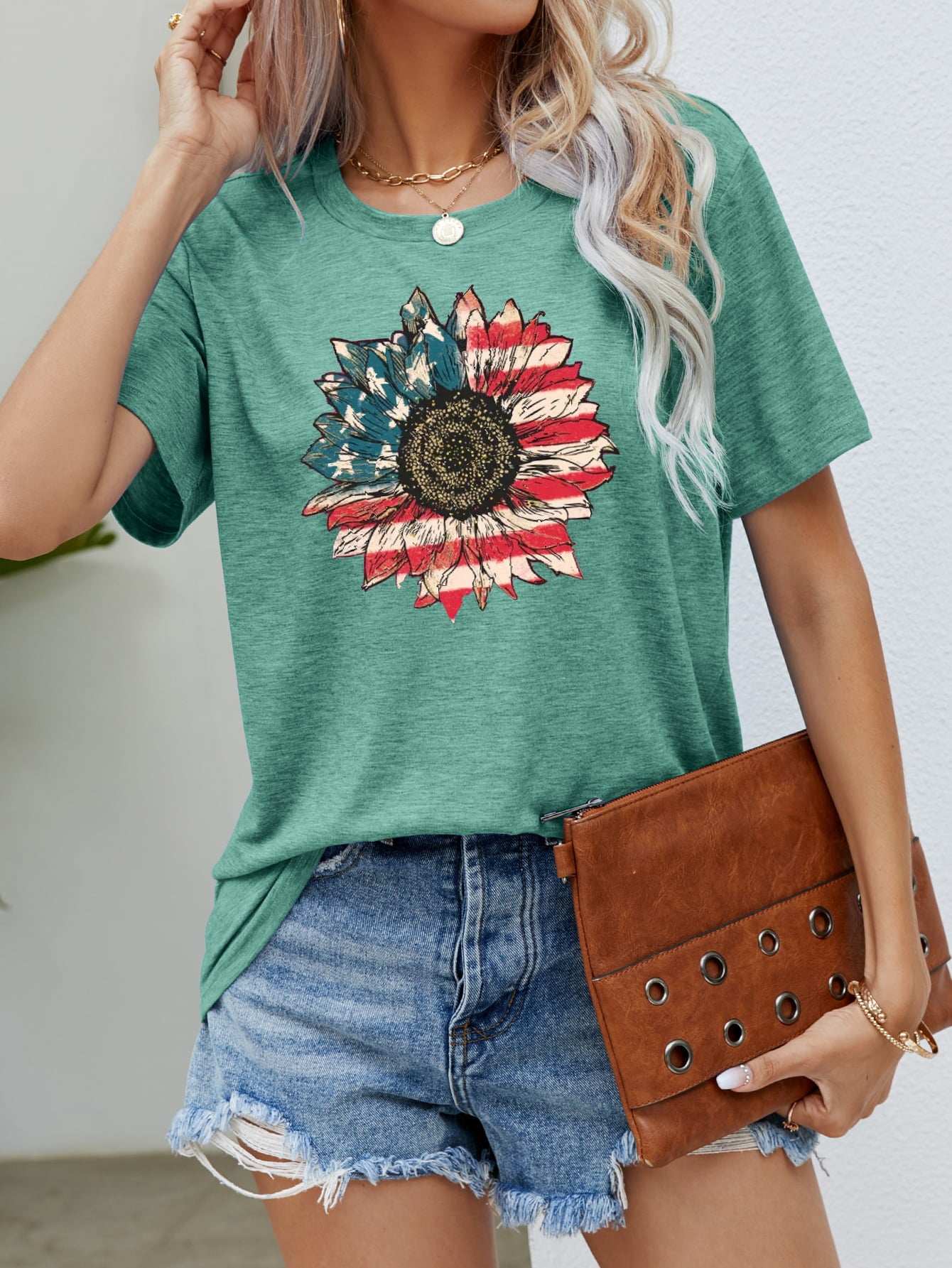 US Flag Flower Graphic Tee Gum Leaf