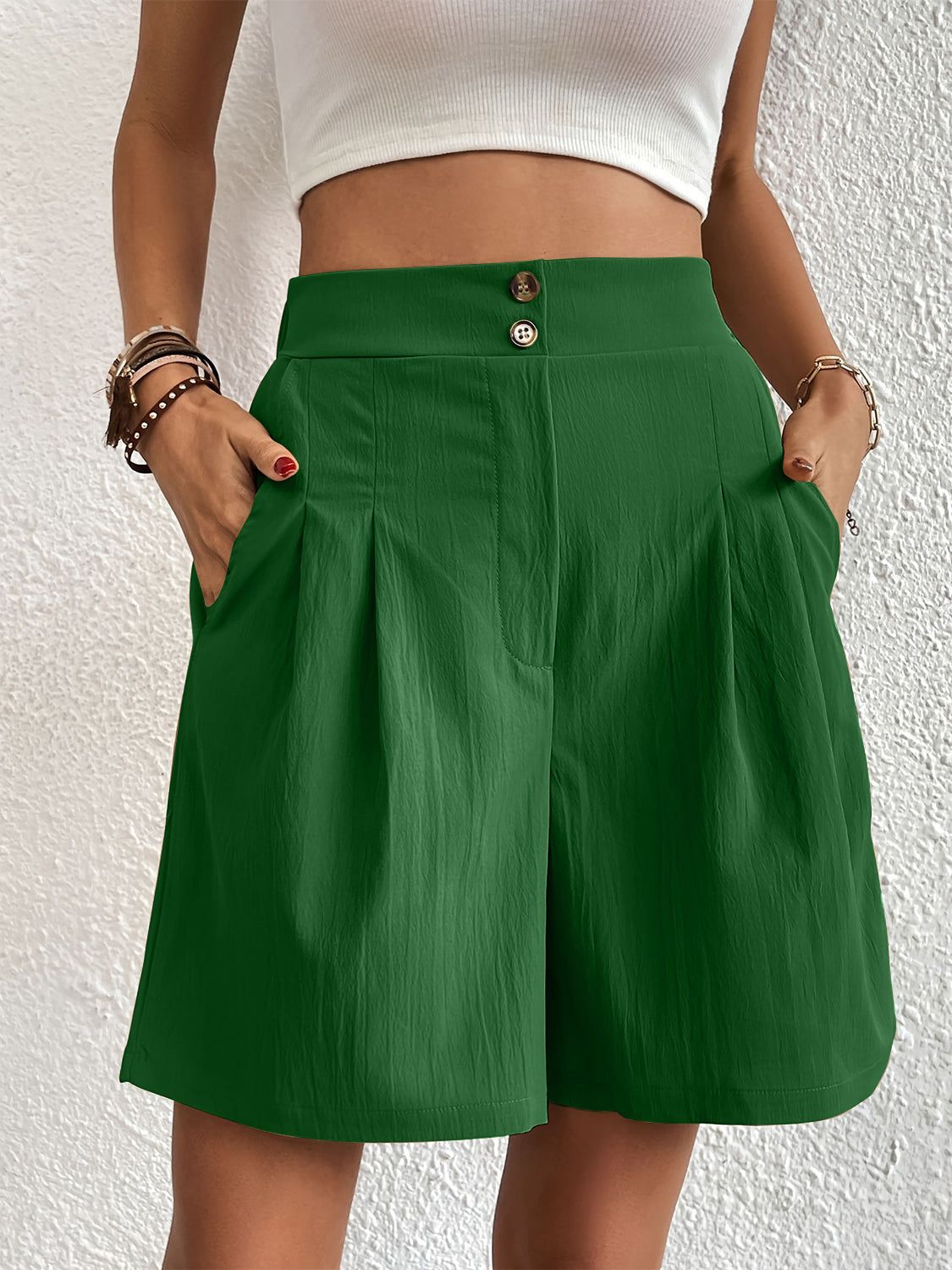 Pocketed Half Elastic Waist Shorts Dark Green