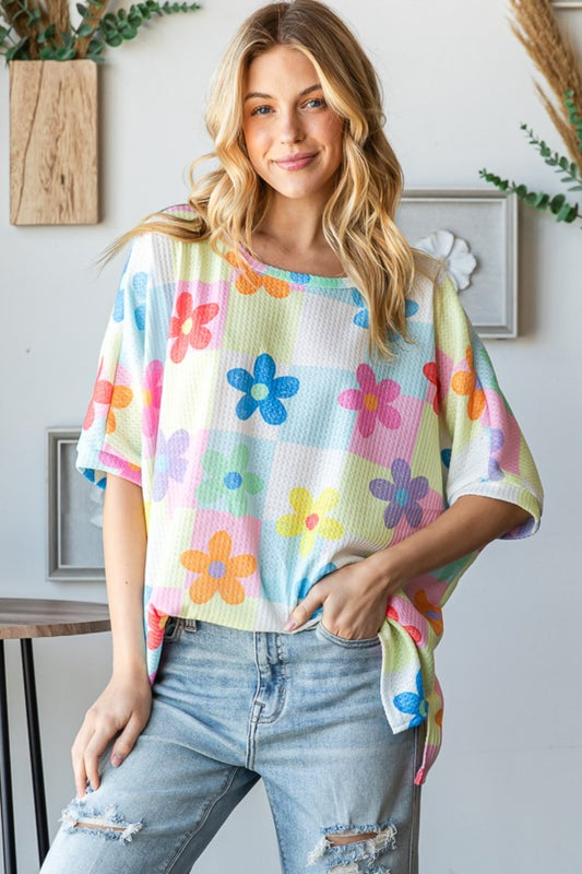 HOPELY Floral Round Neck Waffle T-Shirt Pink Combo