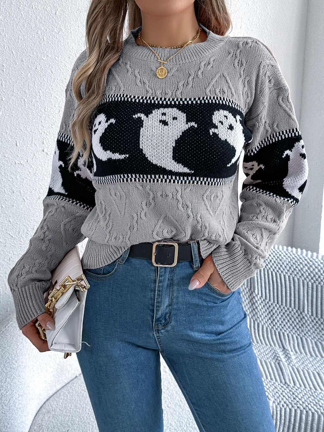 Ghost Round Neck Long Sleeve Sweater Gray