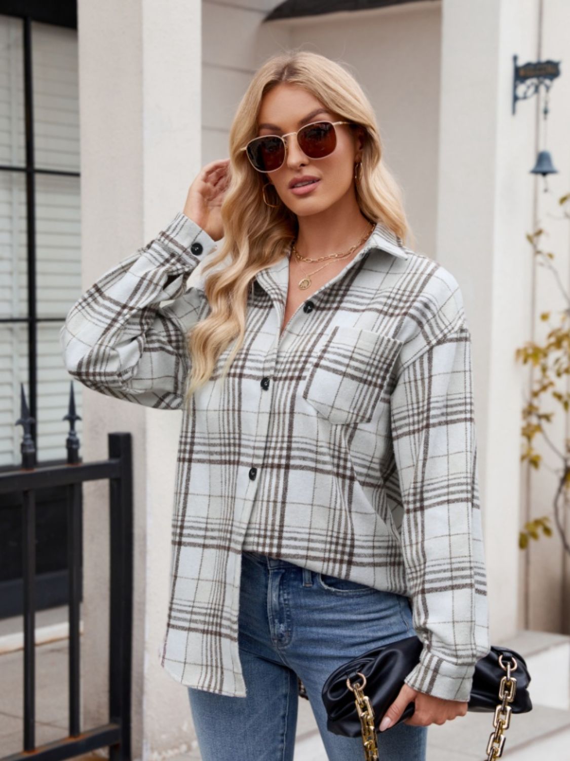 Stretchy Plaid Button-Down Shirt White