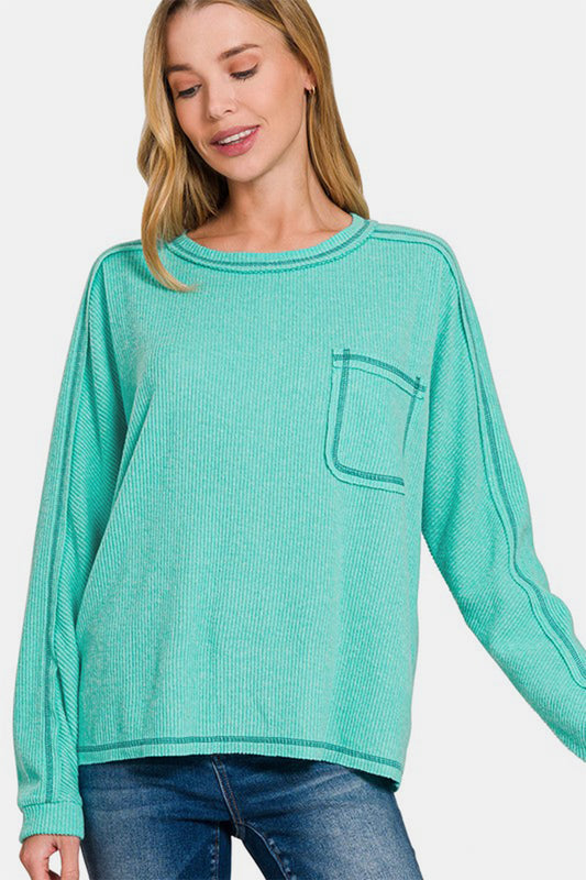 Zenana Full Size Contrast Stitching Brushed Ribbed Hacci Knit Top Plus Size Turquoise