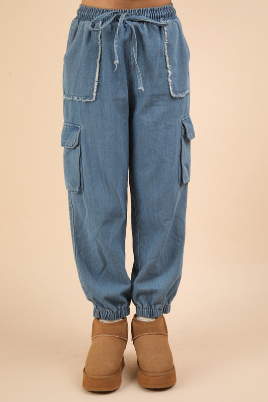 VERY J Washed Drawstring Jogger Cargo Jeans Indigo