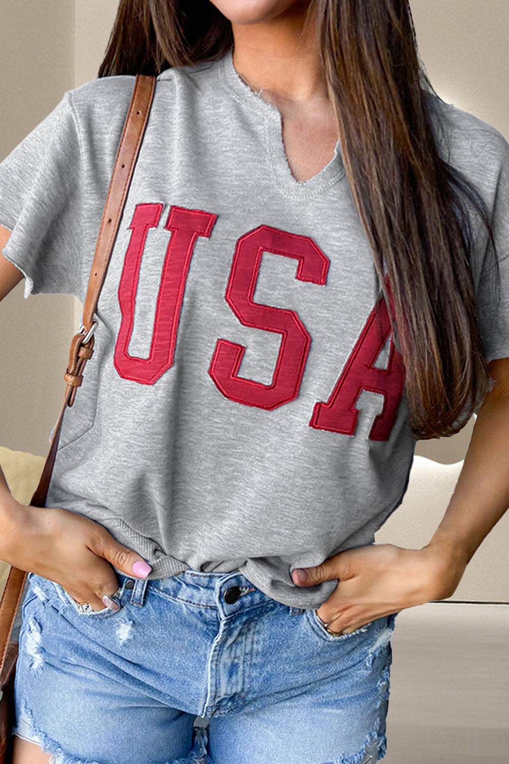 USA Notched Short Sleeve T-Shirt Gray