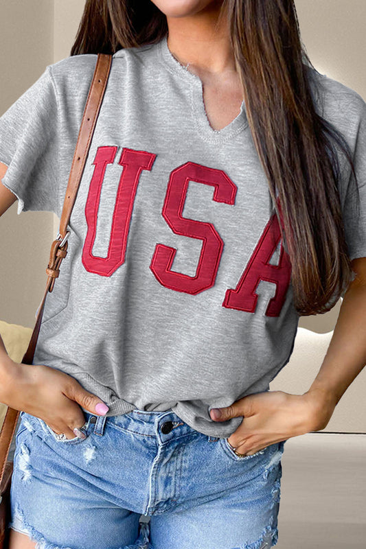 USA Notched Short Sleeve T-Shirt Gray
