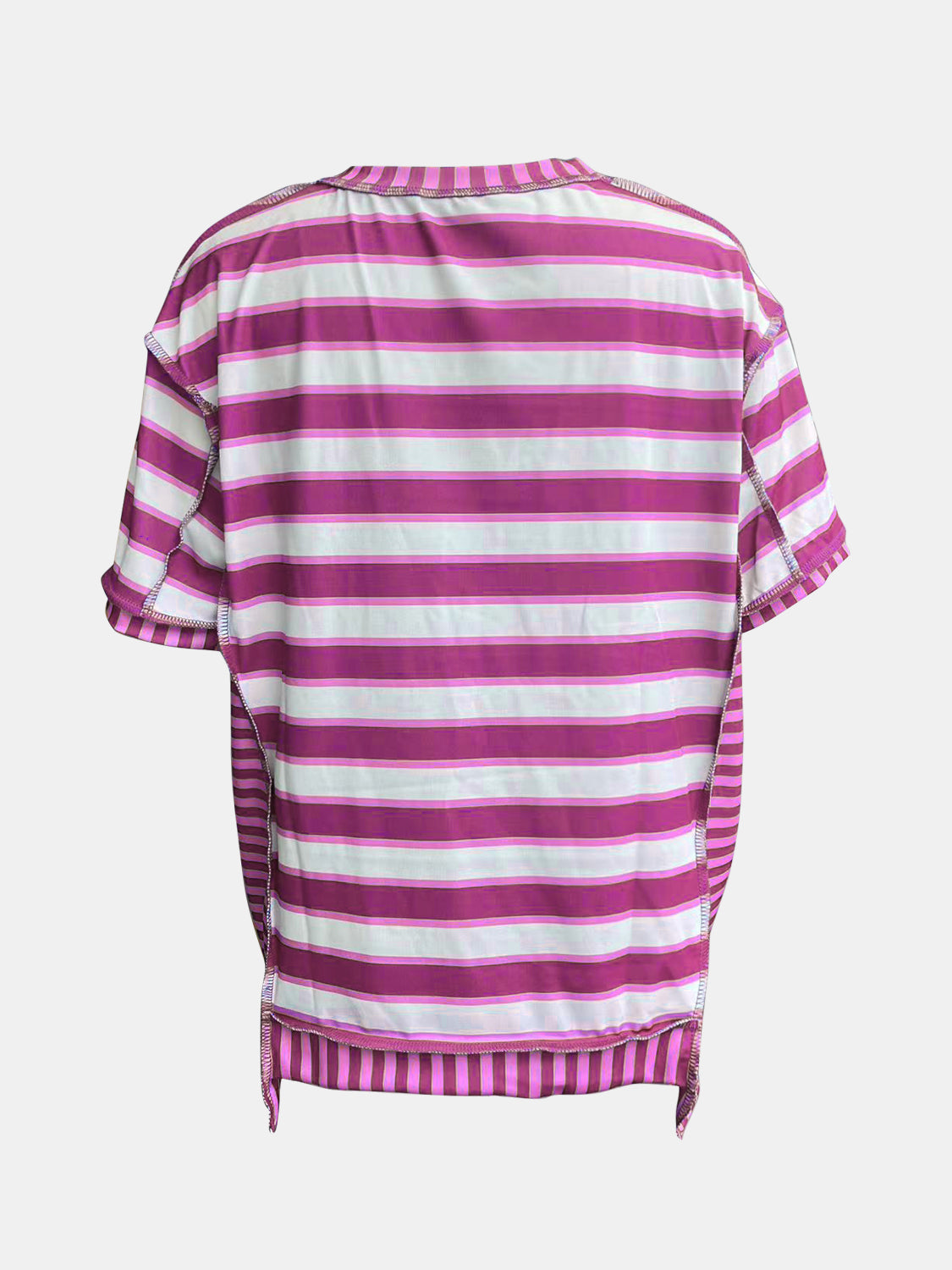 Full Size Contrast Stitching Striped Round Neck T-Shirt