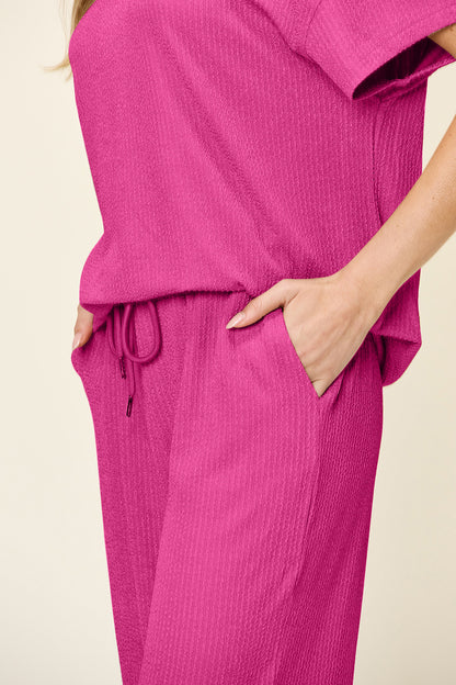 Textured Knit Top and Wide Leg Pant Set