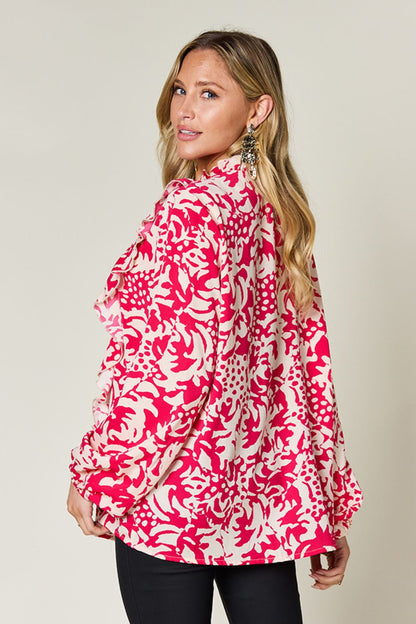 Printed Ruffle Balloon Sleeve Button-Down Top