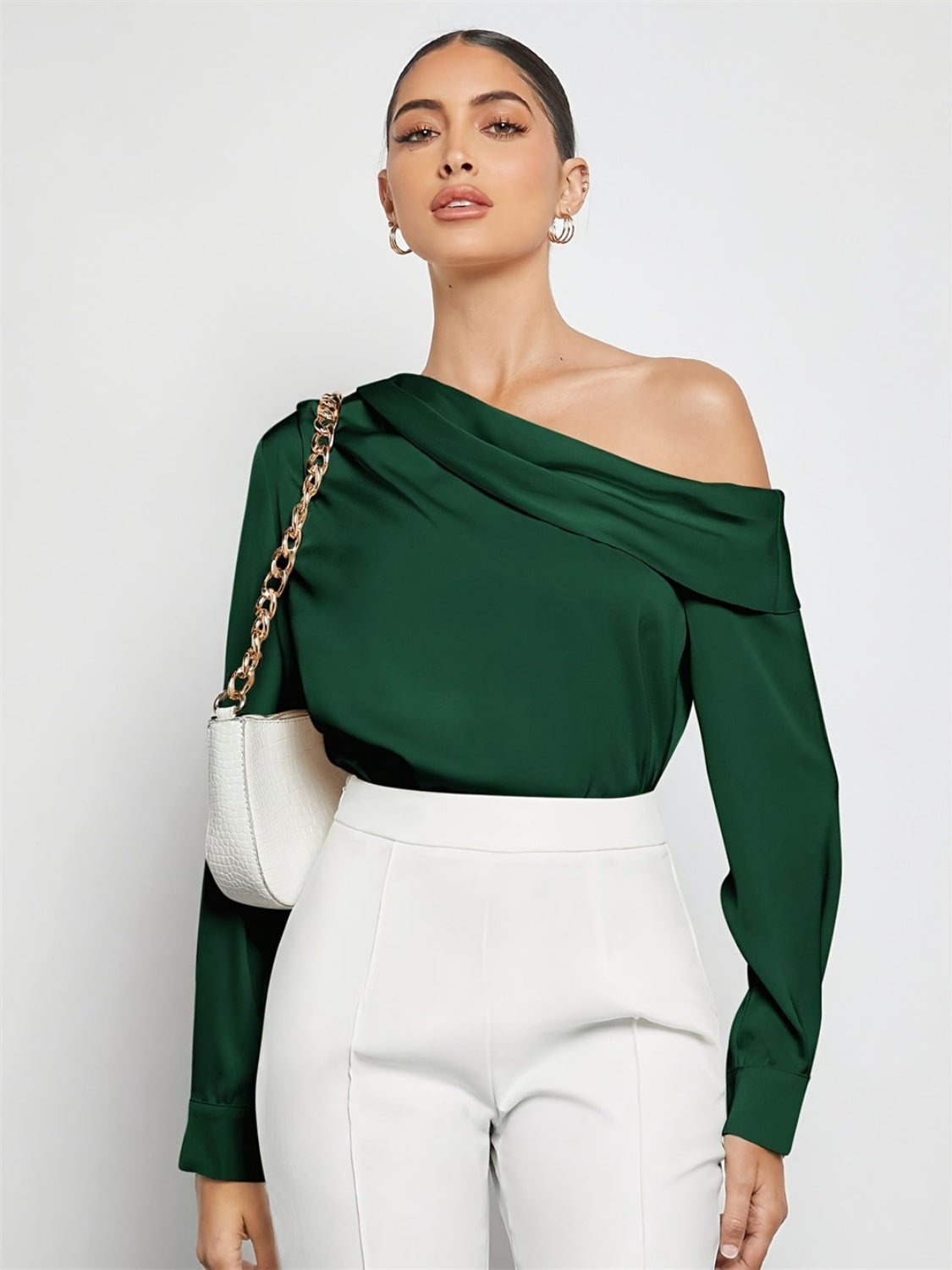 Ruched One Shoulder Long Sleeve Top Dark Green