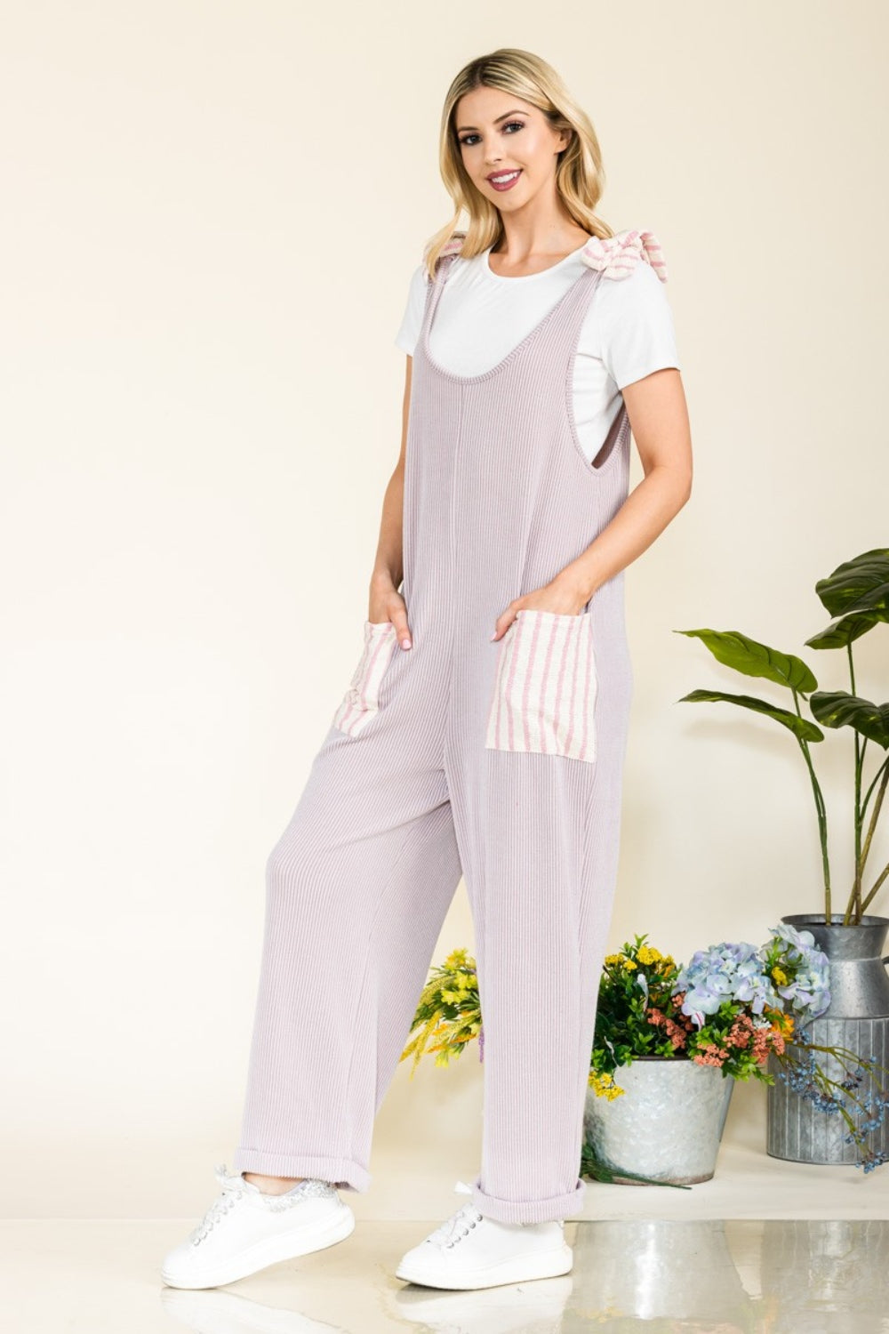 Celeste Full Size Stripe Contrast Pocket Rib Jumpsuit MAUVE