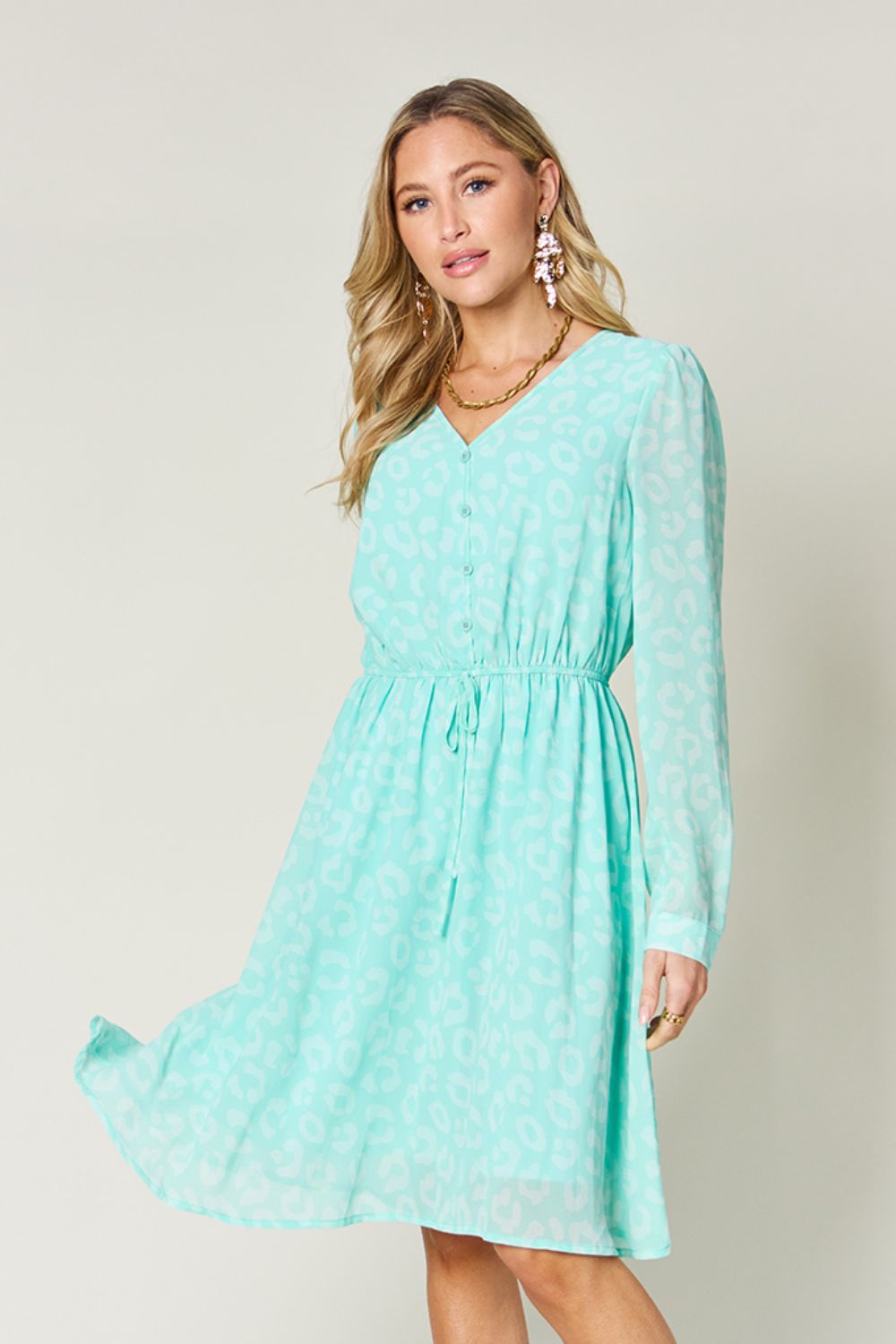 Printed Ruched V-Neck Long Sleeve Dress Light Green