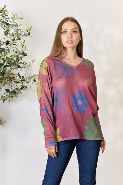 Hopely Full Size Floral V-Neck Long Sleeve Top MAGENTA