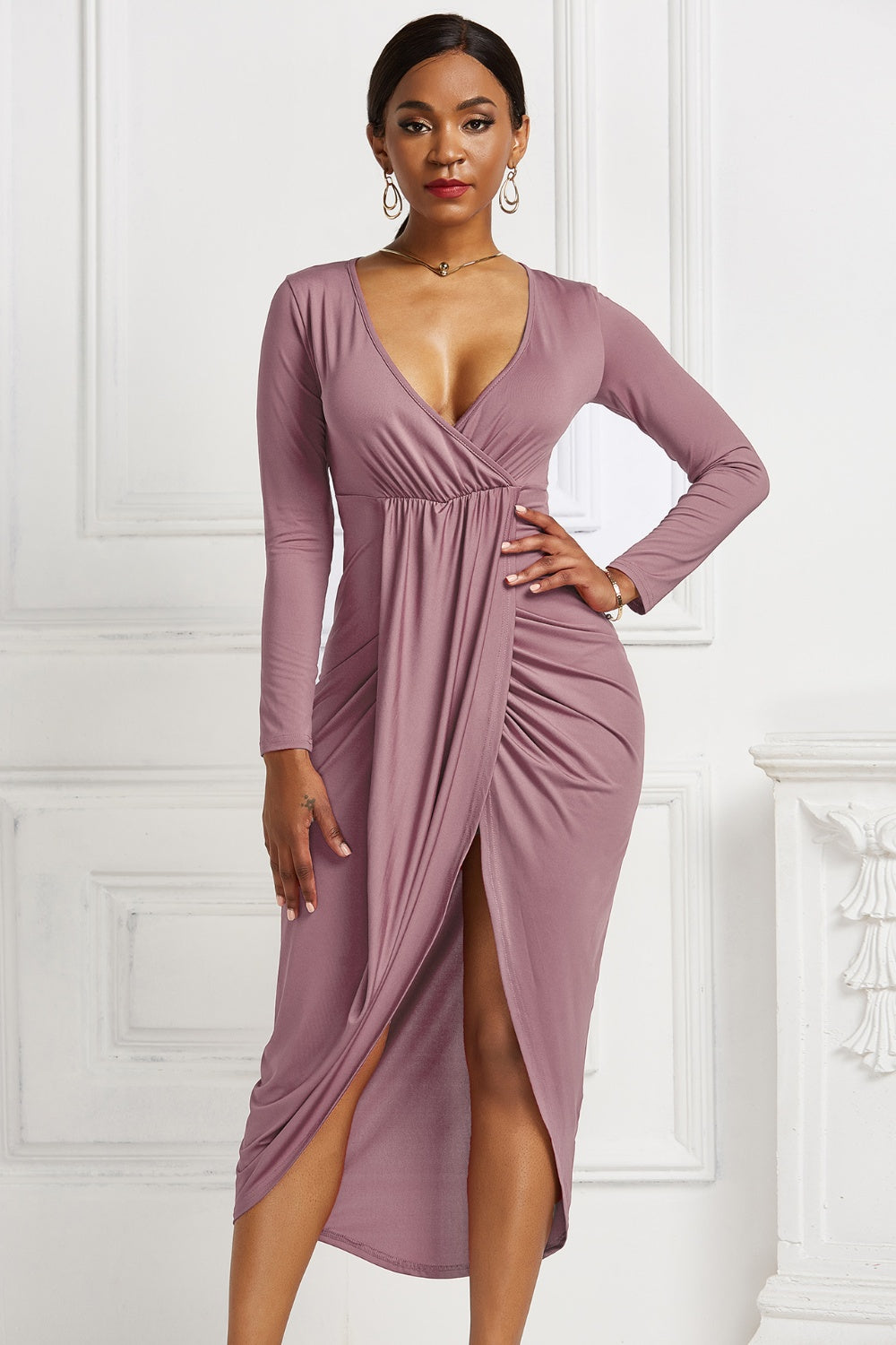 Trendy Ruched High-Low Dress Dusty Pink