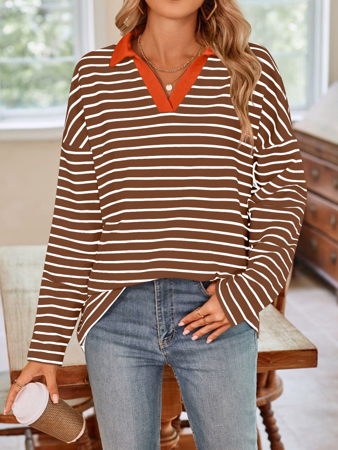 Lovelet Striped Johnny Collar Long Sleeve T-Shirt