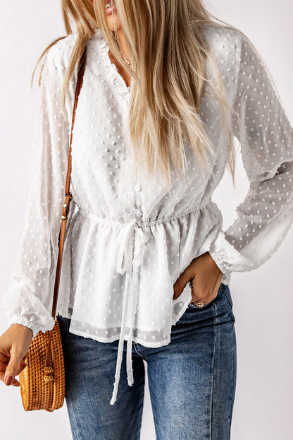 Ruffle Trim Drawstring Long Sleeve Blouse