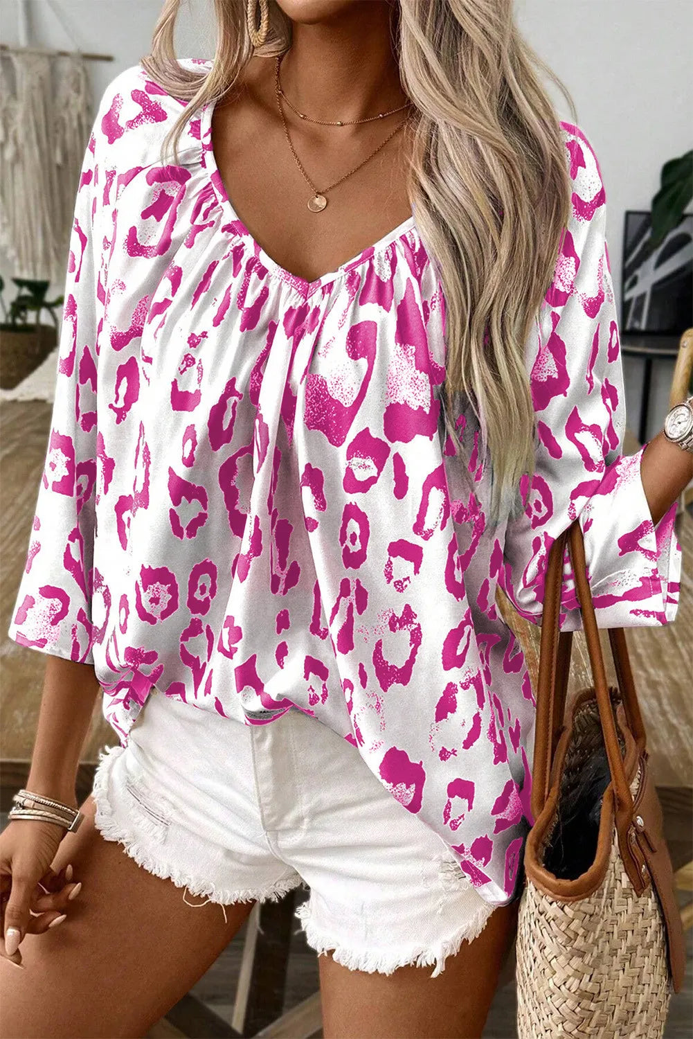 Leopard V-Neck Three-Quarter Sleeve Blouse Fuchsia Pink