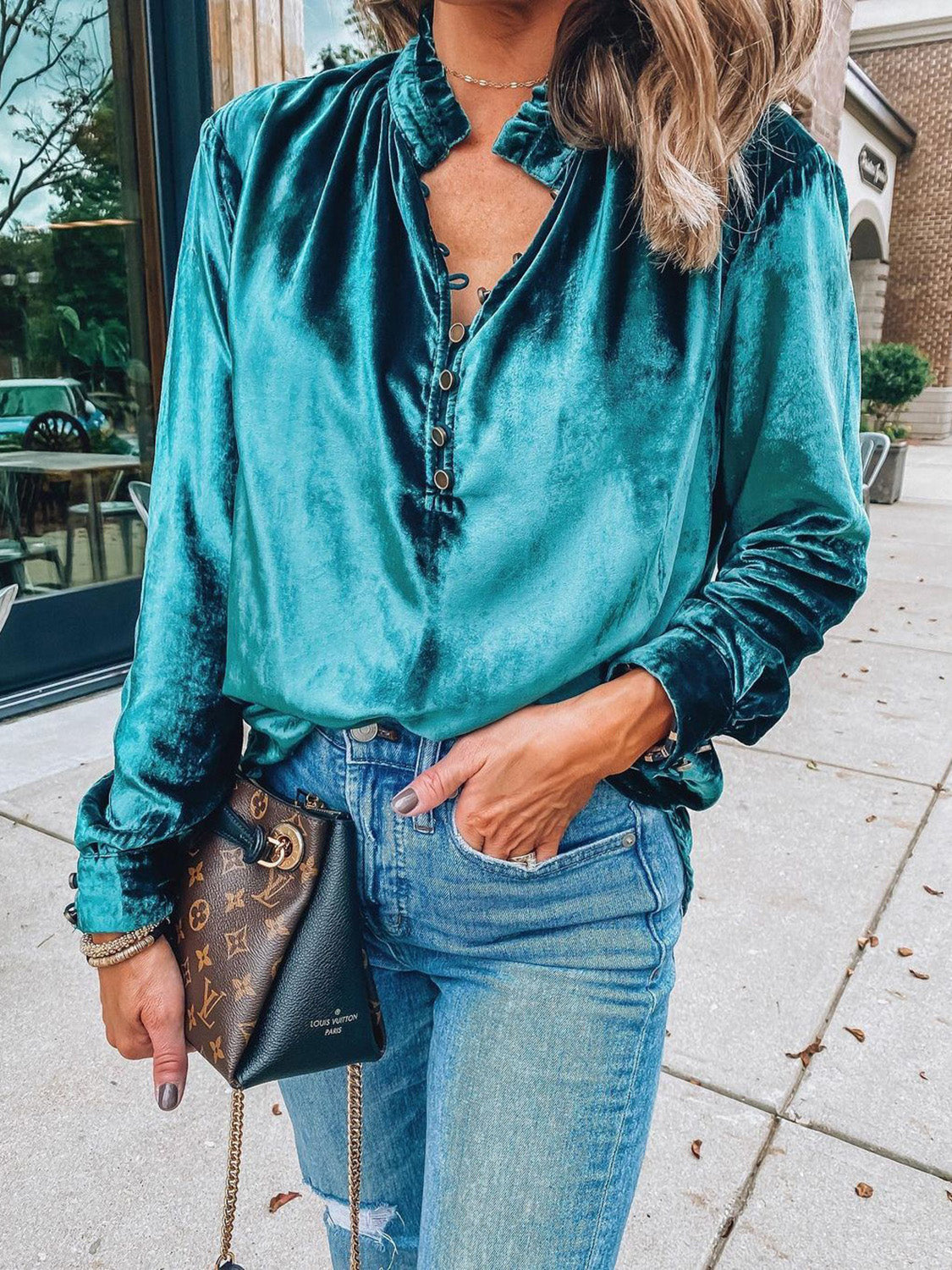 Half Button Long Sleeve Blouse Cerulean