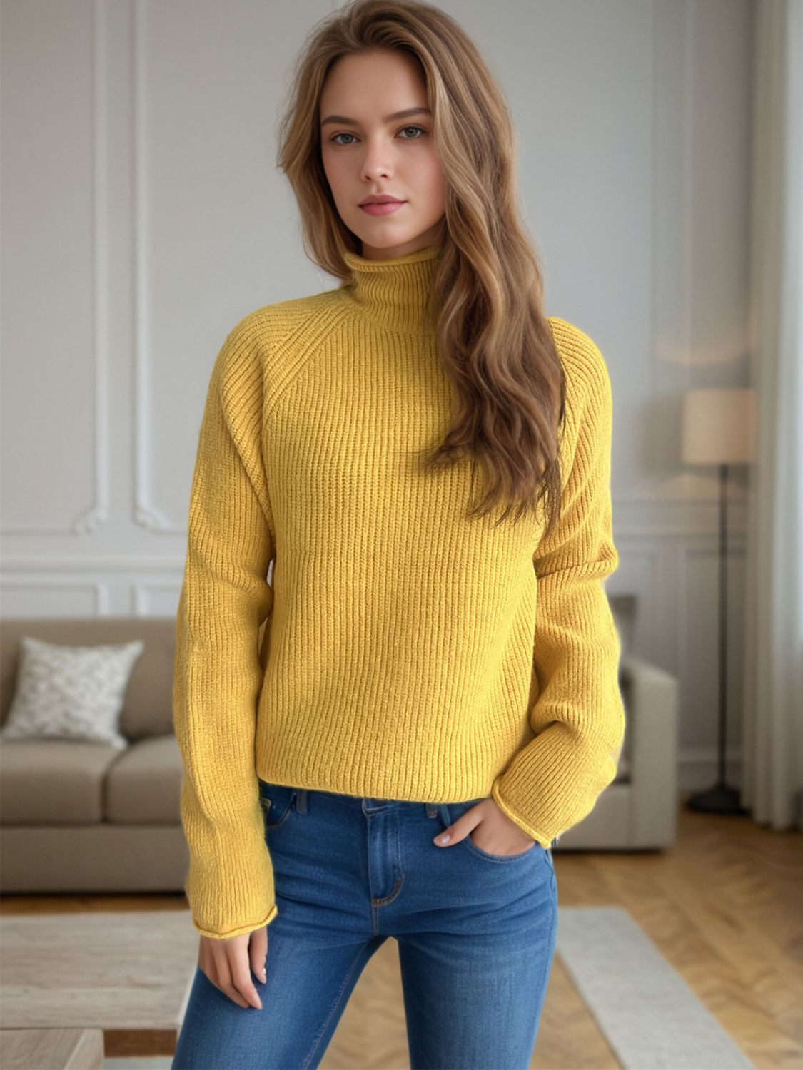 Turtleneck Long Sleeve Sweater Yellow One Size