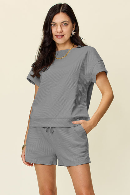 Textured Drawstring Shorts and Tee Set Gray