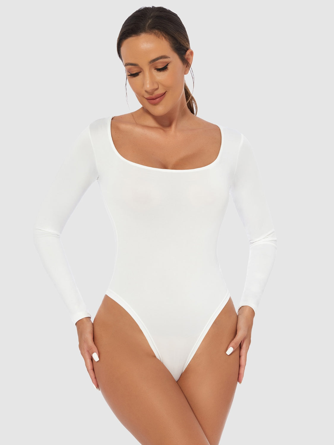 Full Size Scoop Neck Long Sleeve Bodysuit White