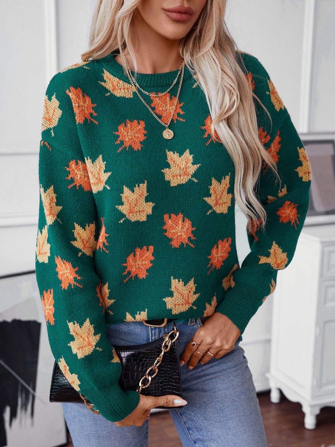 Maple Leaf Round Neck Long Sleeve Sweater French Blue