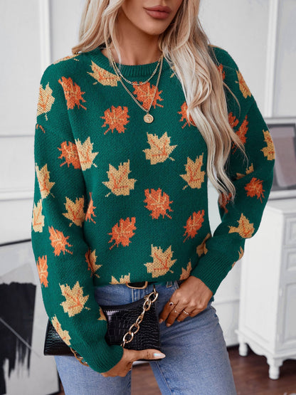 Maple Leaf Round Neck Long Sleeve Sweater French Blue